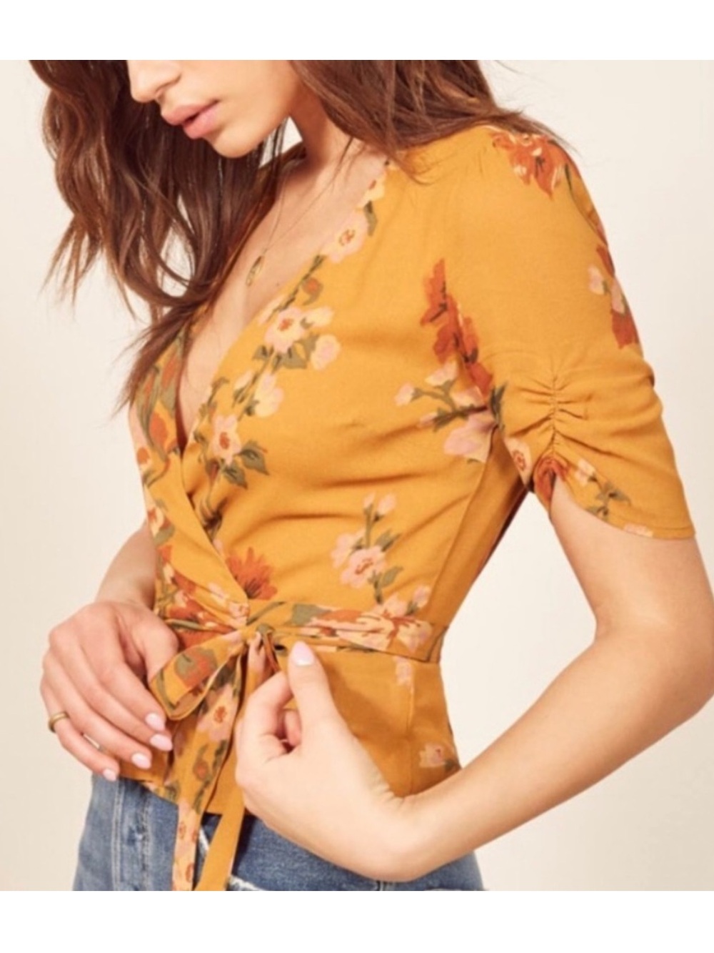 Reformation Sz Small Charlotte Floral Wrap Blouse with Ruched Sleeves • NEW!